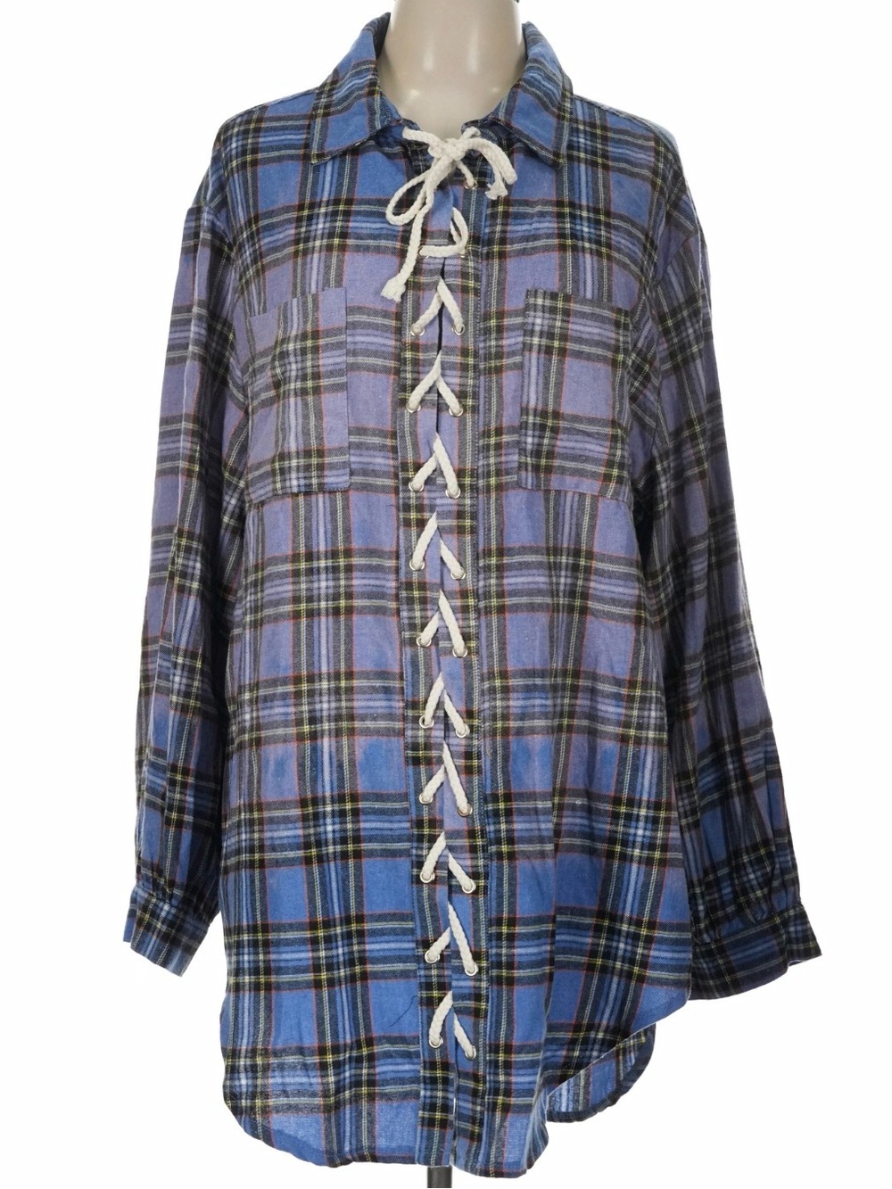 POL Blue Plaid Lace-Up Shirt